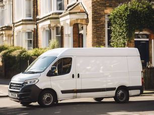 White delivery van parked on a sunny residential street with brick houses and greenery. License plate visible. Calm, peaceful atmosphere.