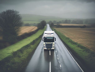 A white truck drives down a wet, rural road flanked by fields under a cloudy sky, creating a moody atmosphere.