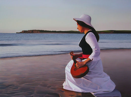 Oil Painting Michael de Bono Fine Art woman wth a mandolin at the shore