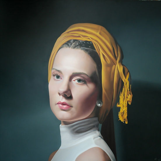 painting by Michael de Bono artist woman wearing a golden headdress realism oil painting contemporary fine art