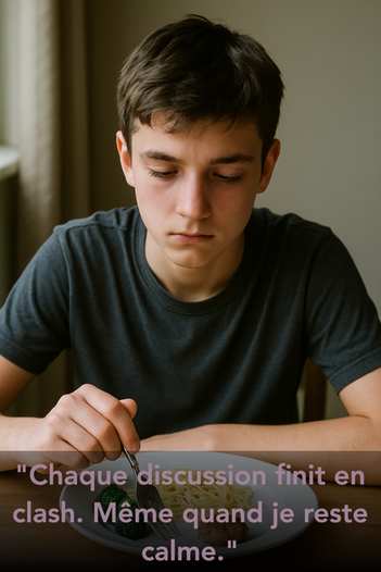 Un adolescent de Pusignan qui s'énerve à chaque fois qu'il discute avec ses parents avant une séance de kinésiologie pour adolescents près de Lyon avec Cindy DOUBLET