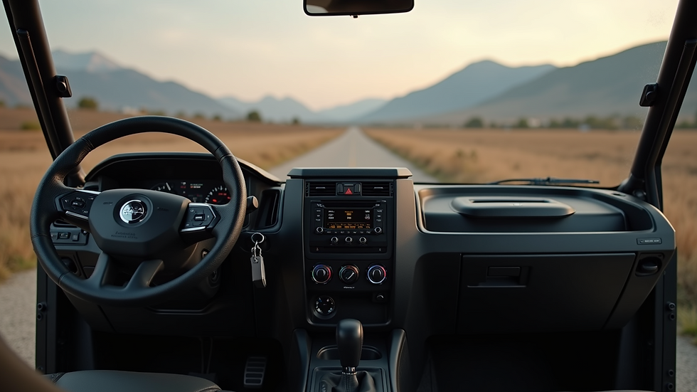High angle view of a UTV dashboard with newly installed audio head unit