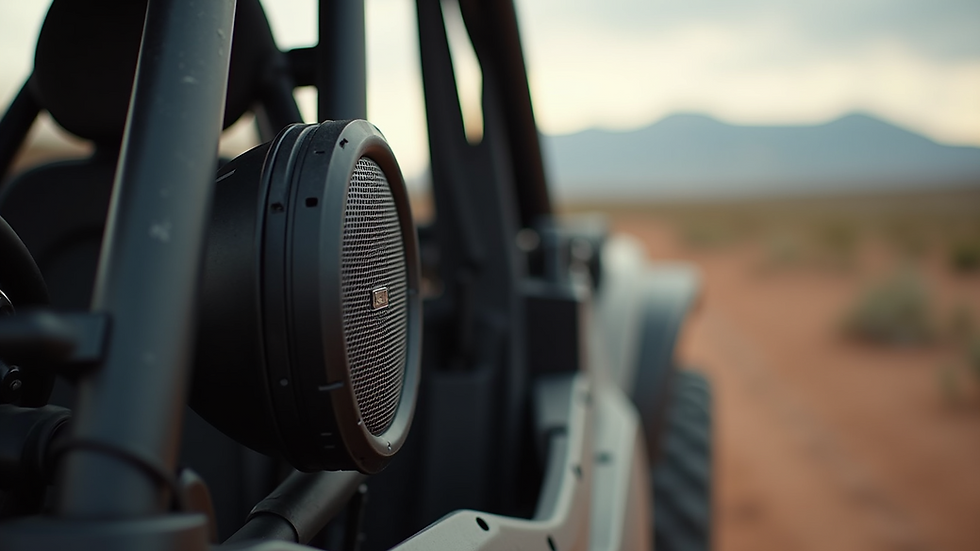 Close-up view of a rugged UTV speaker mounted on a roll cage