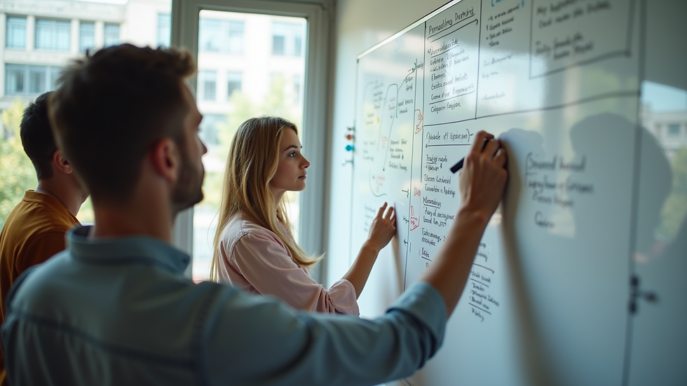 High angle view of a team brainstorming marketing strategies on a whiteboard