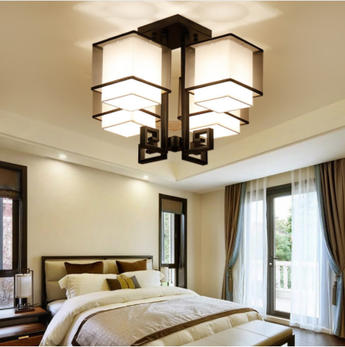 Black Fabric Lampshade Ceiling Light Vintage Metal Flush Mount Lamp.