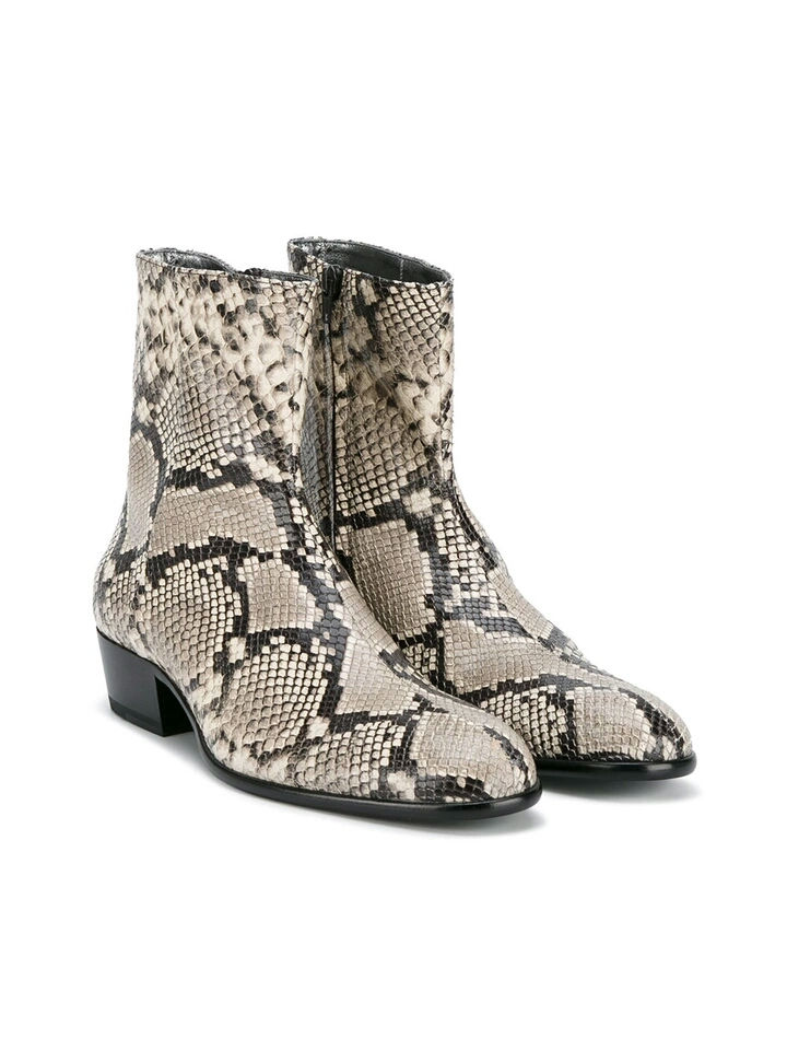 Zipper Round Toe Snake Print Real Leather