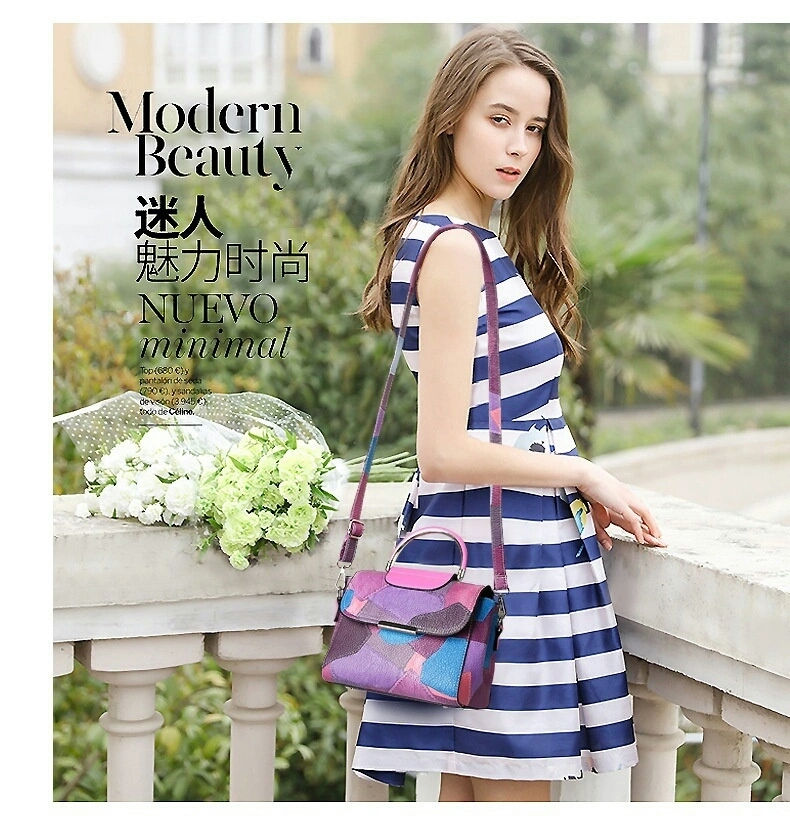 Multicolor Patchwork Female Bag Split Leather