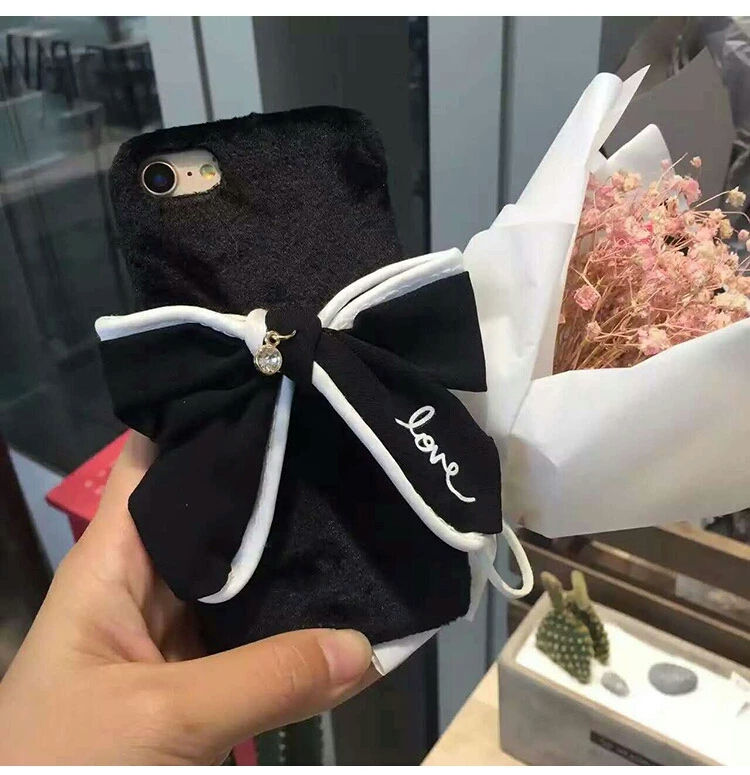 Fashion Bow Warm Rabbit Fur Quality Cloth Plush Fundas Phone Case