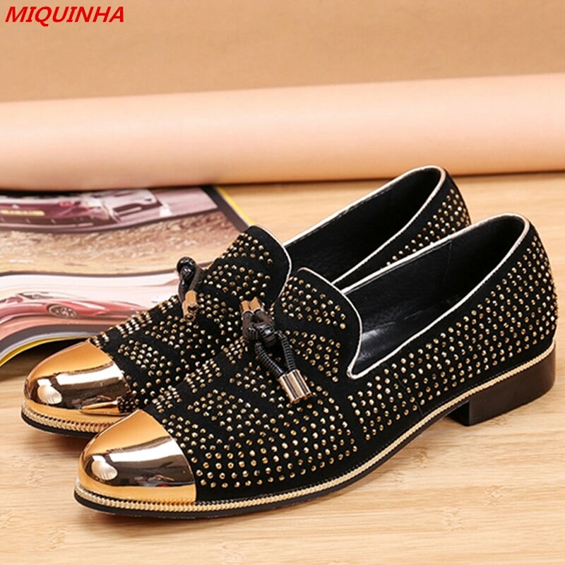 Gold Thinestone Men Shoes Nubuck Leather Loafers