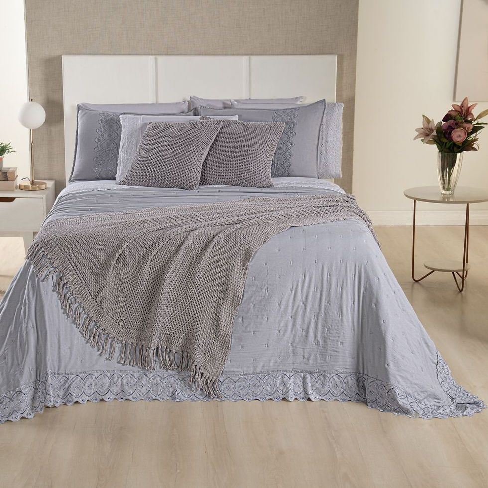 Miniatura: Kit Cama Posta Serena Percal 300 Fios Bordado Inglês Branco/Cinza/Prata