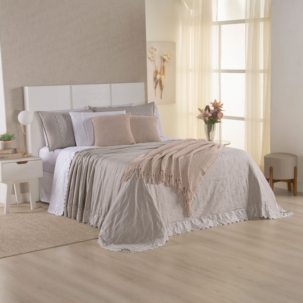 Kit Cama Posta Serena Percal 300 Fios Bordado Inglês Branco/Fendi/Marfim