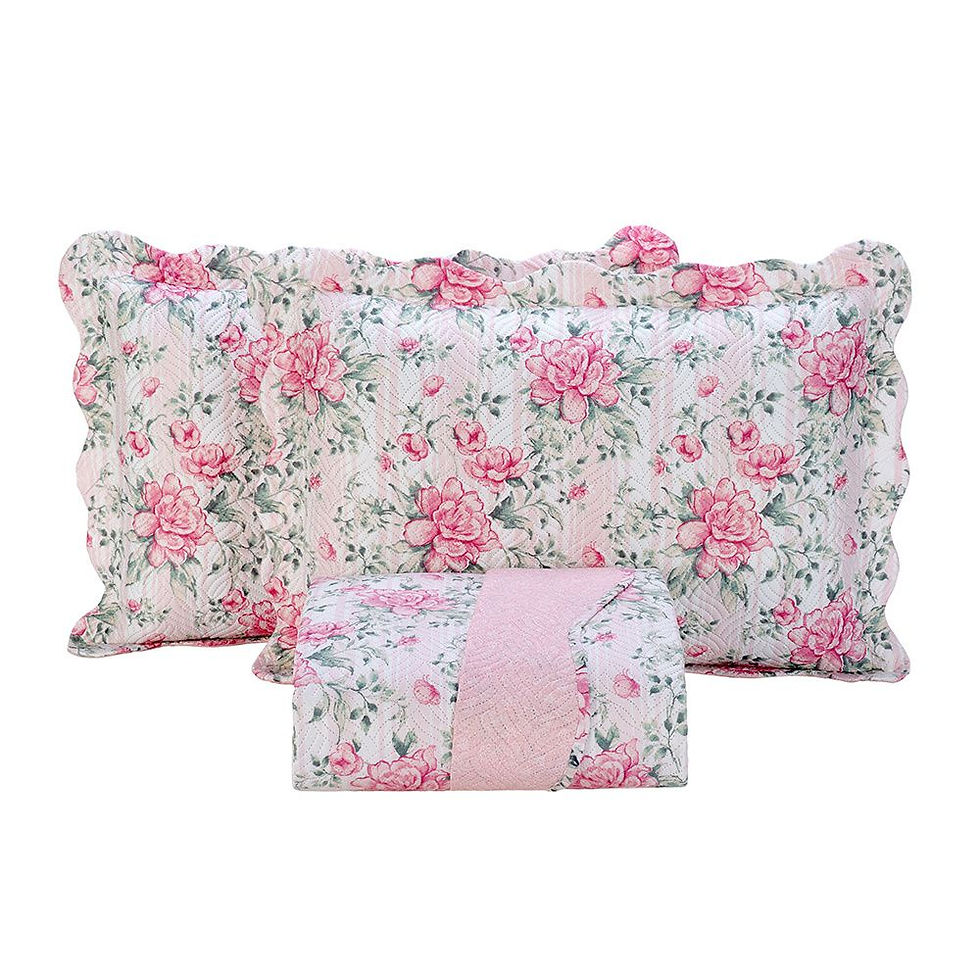 Miniatura: Kit Colcha Cobre Leito 150 Fios Matelado Boutis Estampada Dupla Face Bali Rosa
