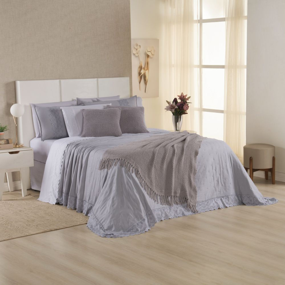 Kit Cama Posta Serena Percal 300 Fios Bordado Inglês Branco/Cinza/Prata