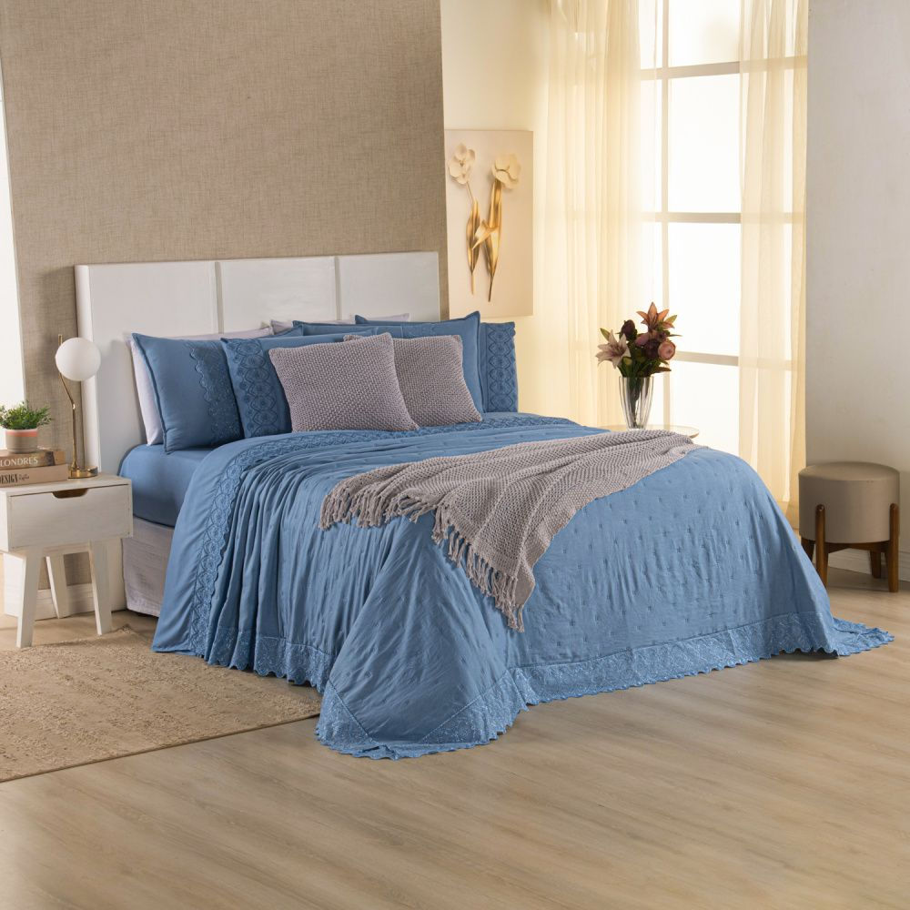 Kit Cama Posta Serena Percal 300 Fios Bordado Inglês Azul/Prata