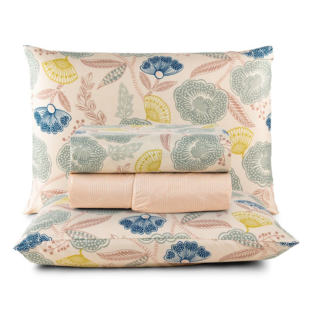 Jogo de Lençol Percal 300 Fios Estampado Lisboa Artsy Floral Areia