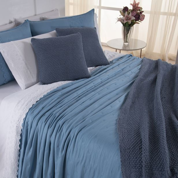 Miniatura: Kit Cama Posta Serena Percal 300 Fios Bordado Inglês Azul/Branco