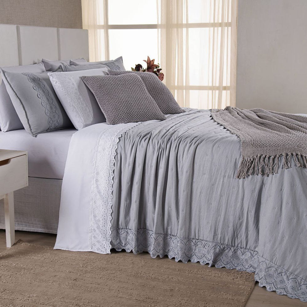 Miniatura: Kit Cama Posta Serena Percal 300 Fios Bordado Inglês Branco/Cinza/Prata