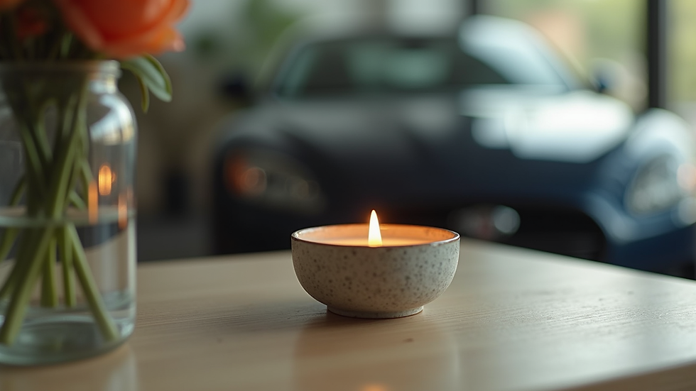 Close-up view of a ceramic wax container with a shiny car in the background