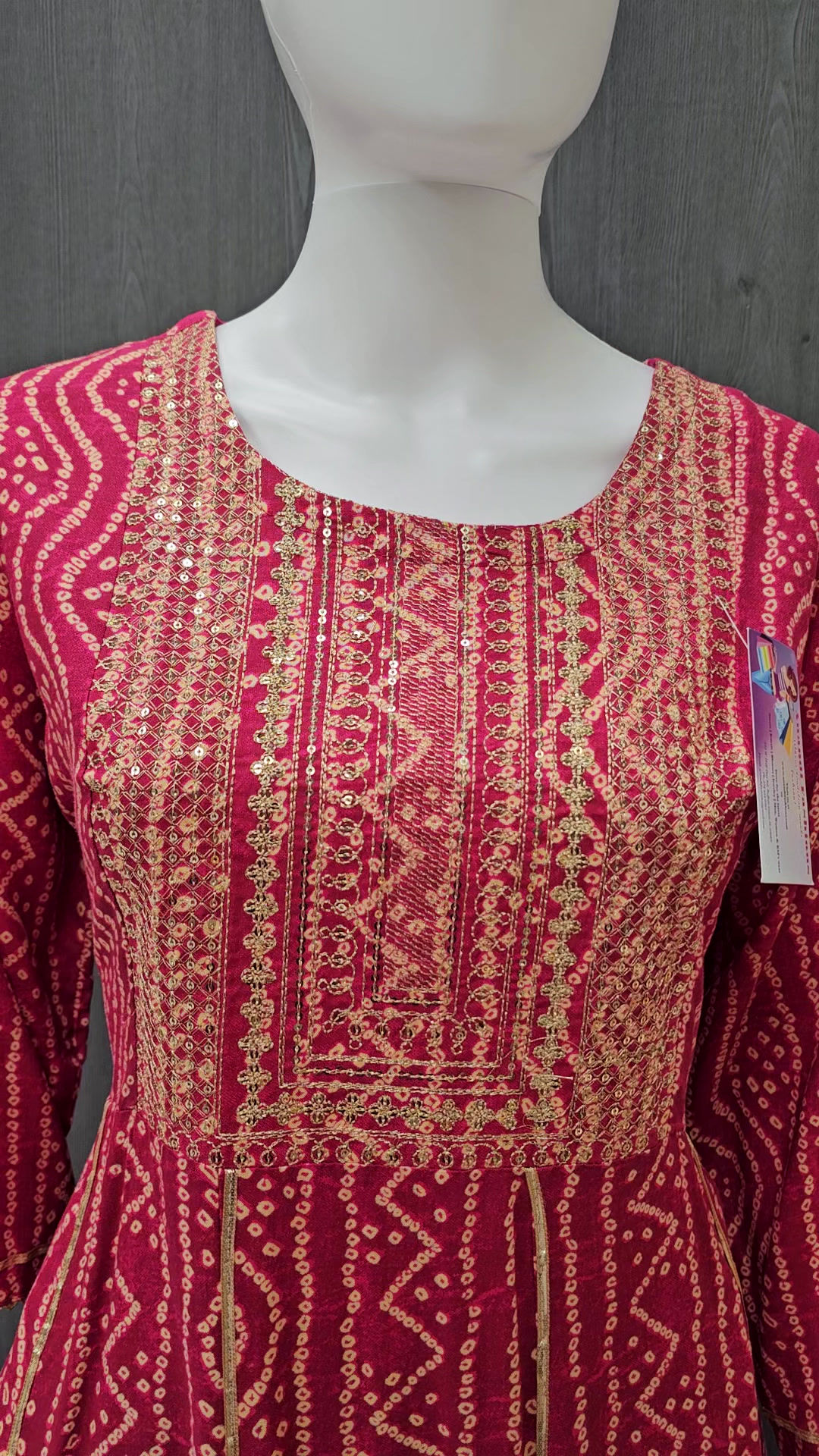 Indian Kurtis - Red Bandhini Print Long Rayon Kurti