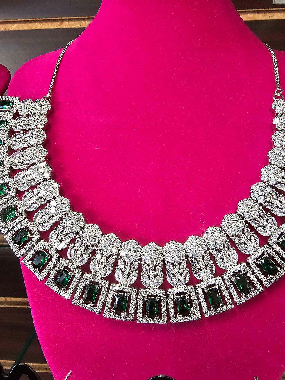 Silver Finish CZ Green Pearls Necklace set