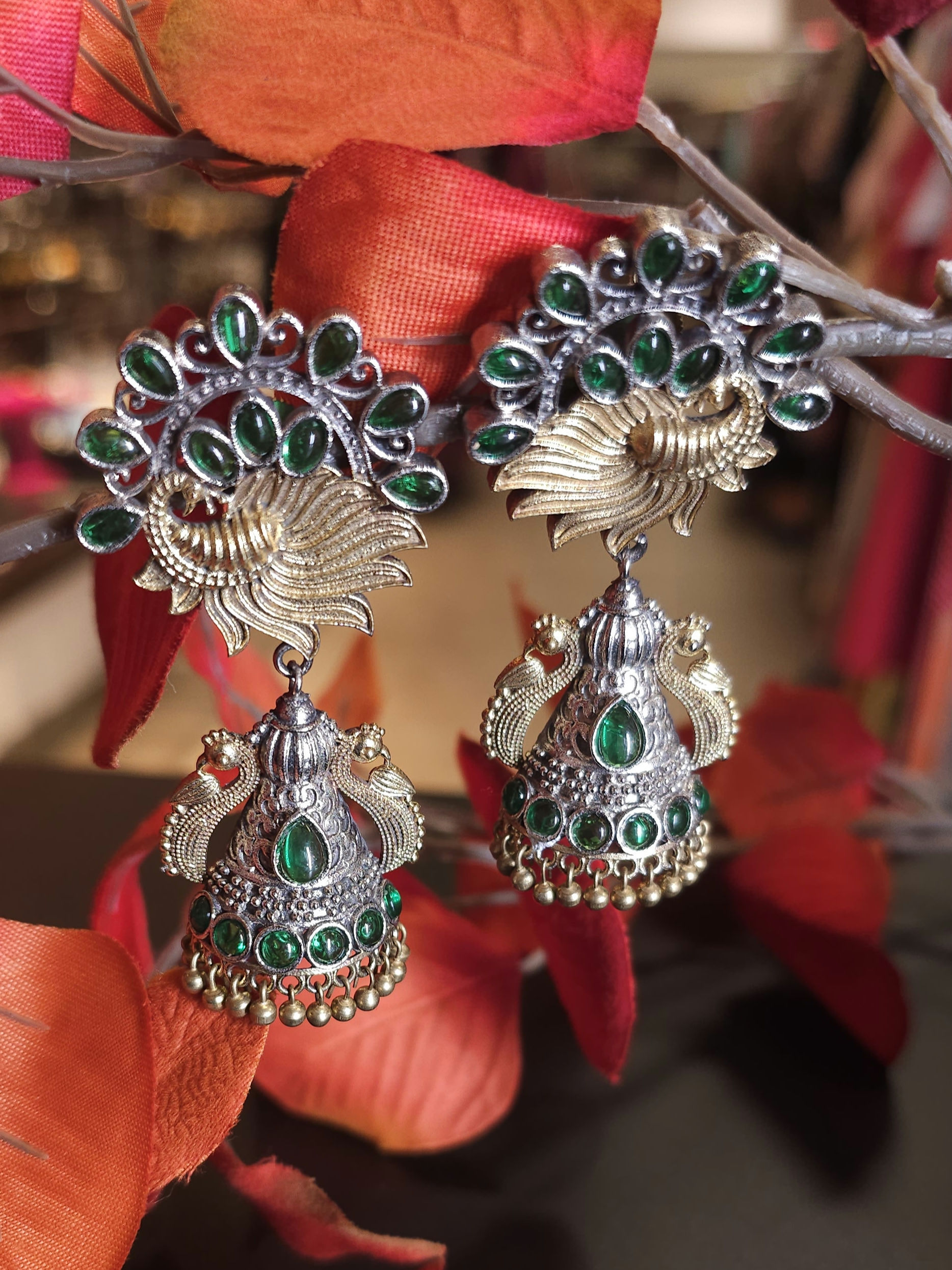 Oxidized Earrings - Elegant and Attractive Oxidized Earring with Green stones
