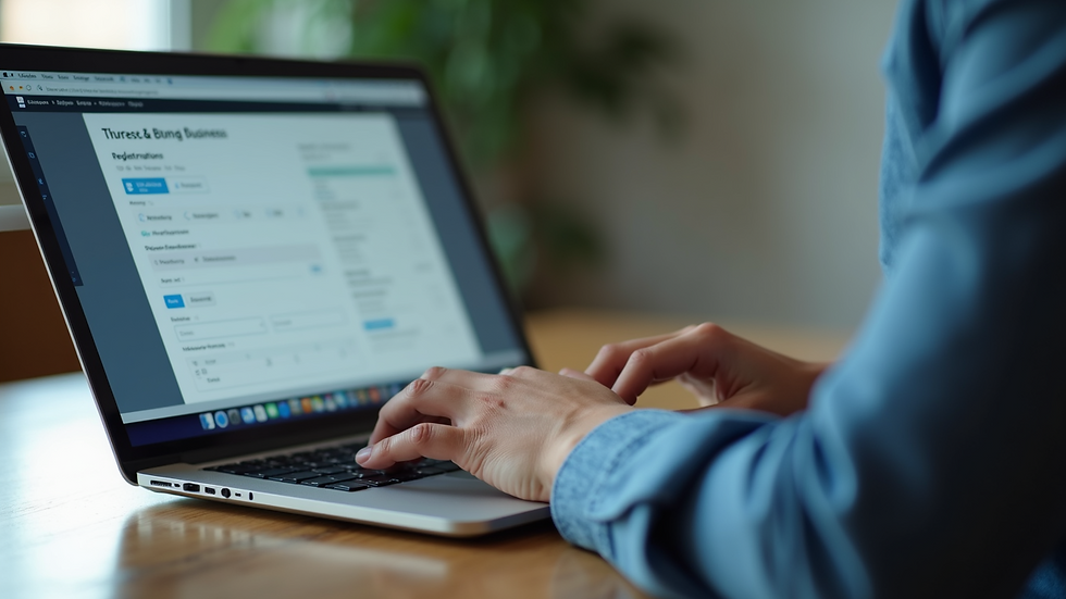 Close-up view of hands typing on a laptop with business registration forms on screen