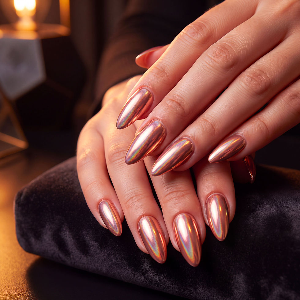 Pose gel chrome miroir or rosé cuivré – Tip and Gloss Renens Lausanne