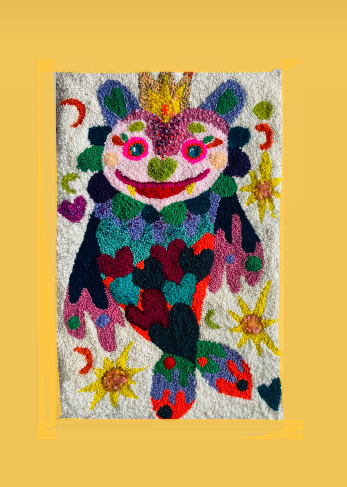 “April sunshine,  Fishy  , Smiley” hand hooked rug. Wool on linen