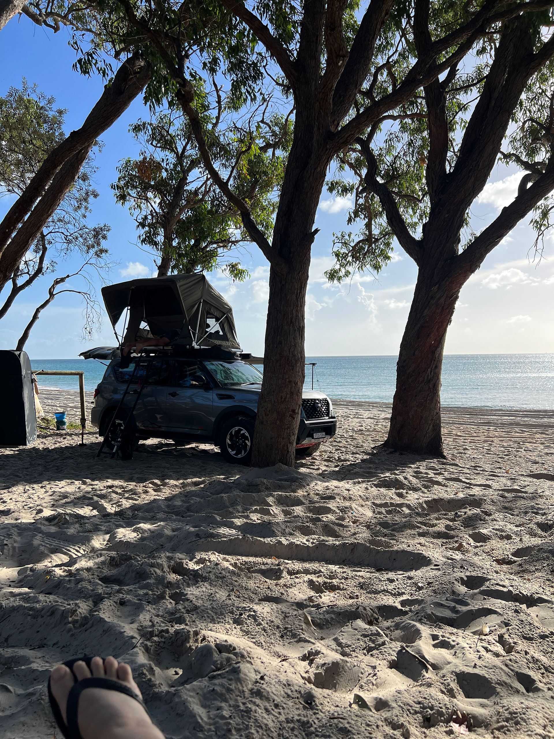 Quiet sandy beach with car set up for camping puarked under trees by the ocean