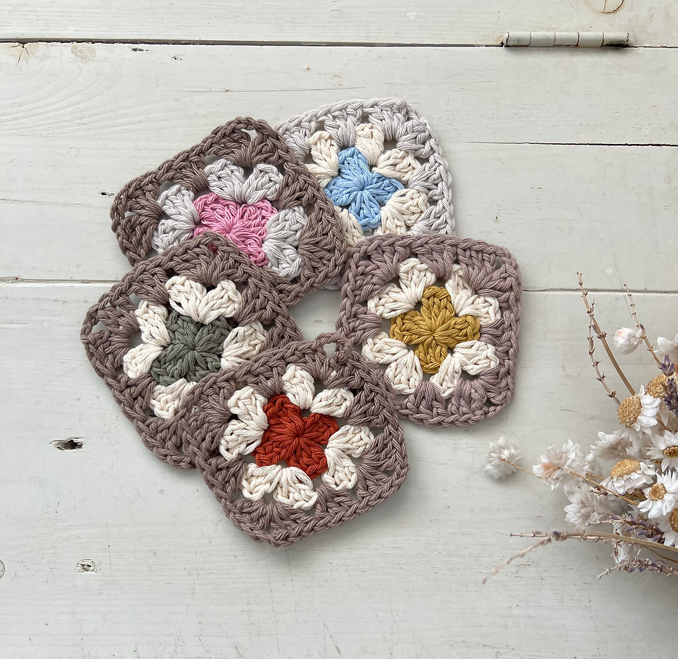5 granny square cotton yarn face scrubbies in different colours