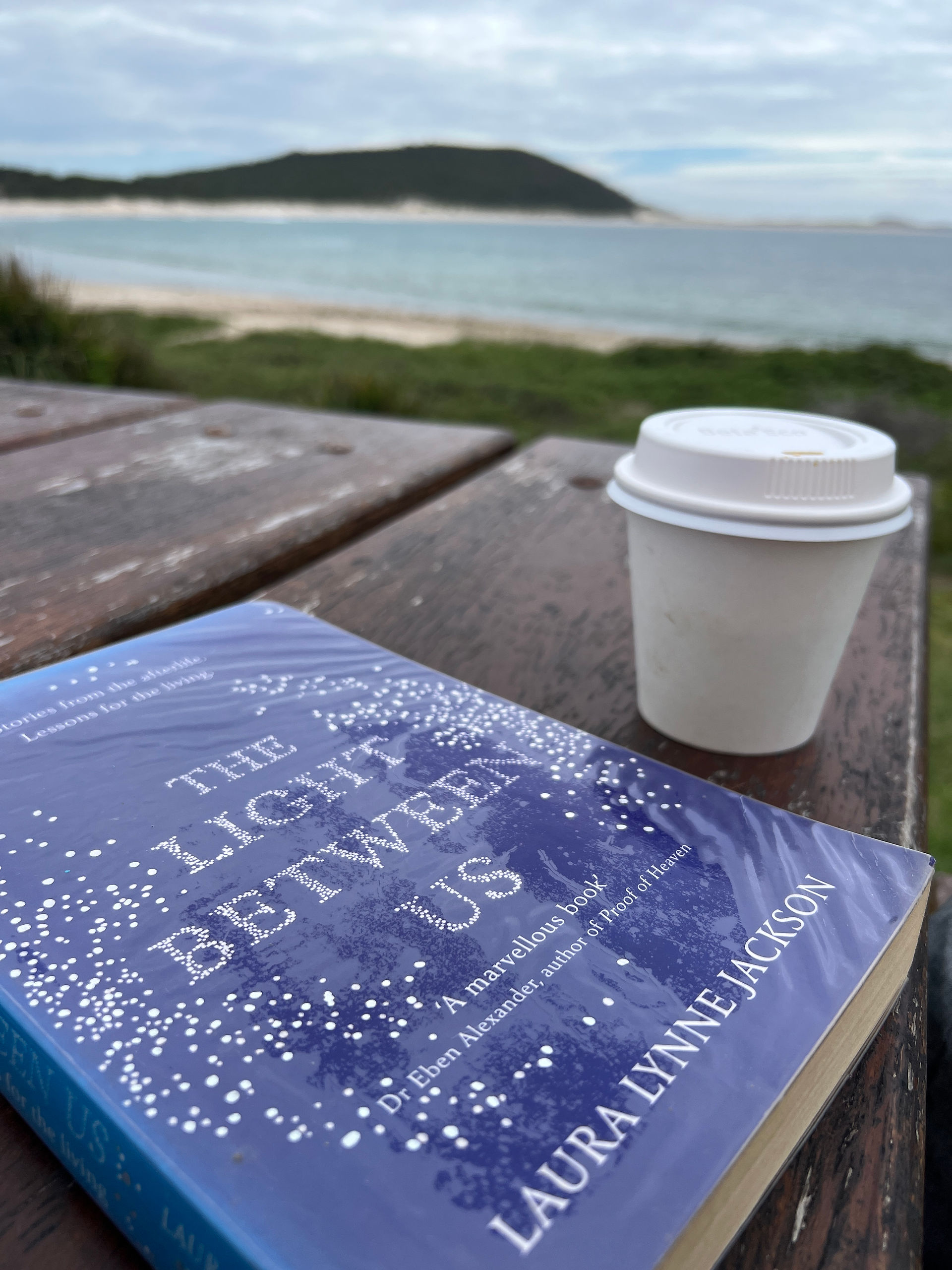 Book The Light Between Us by Laura Lynne Jackson and take away coffee on an outdoor table 