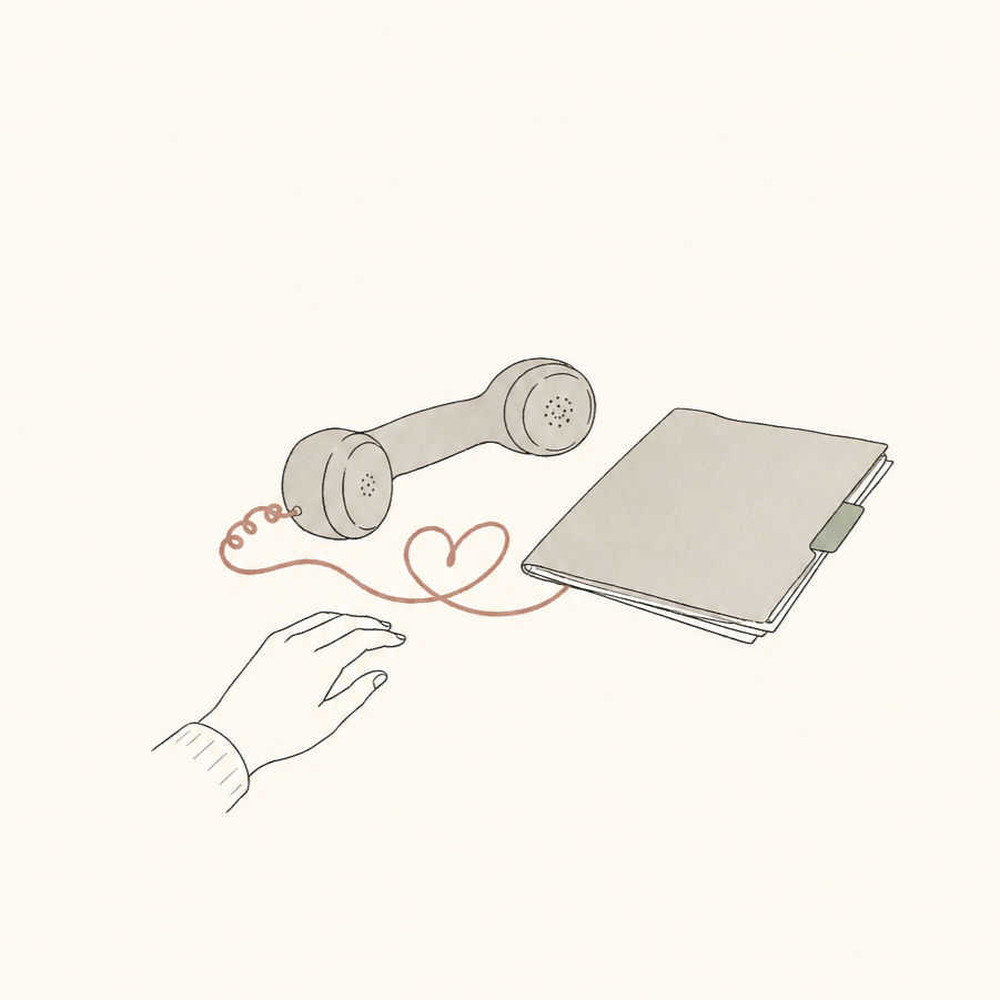 A delicate line drawing of a phone, legal folder, and heart-shaped cord, suggesting a difficult conversation during emotional distress.