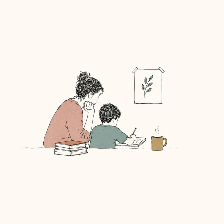 Minimalist line illustration of a parent gently guiding a child as they study at home, capturing the quiet balance between family, education, and uncertainty.