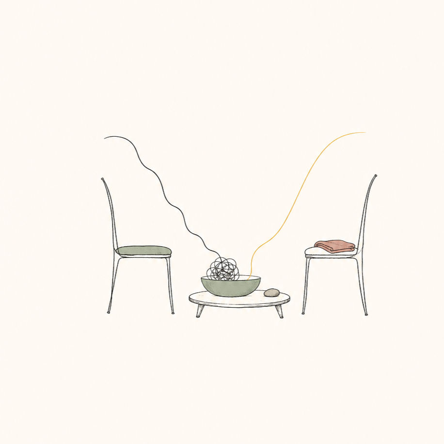 Minimalist line illustration of two chairs facing a bowl with a tangled thread becoming a smooth line, plus a small stone and folded cloth, symbolizing empathic listening, distress, and self-understanding.
