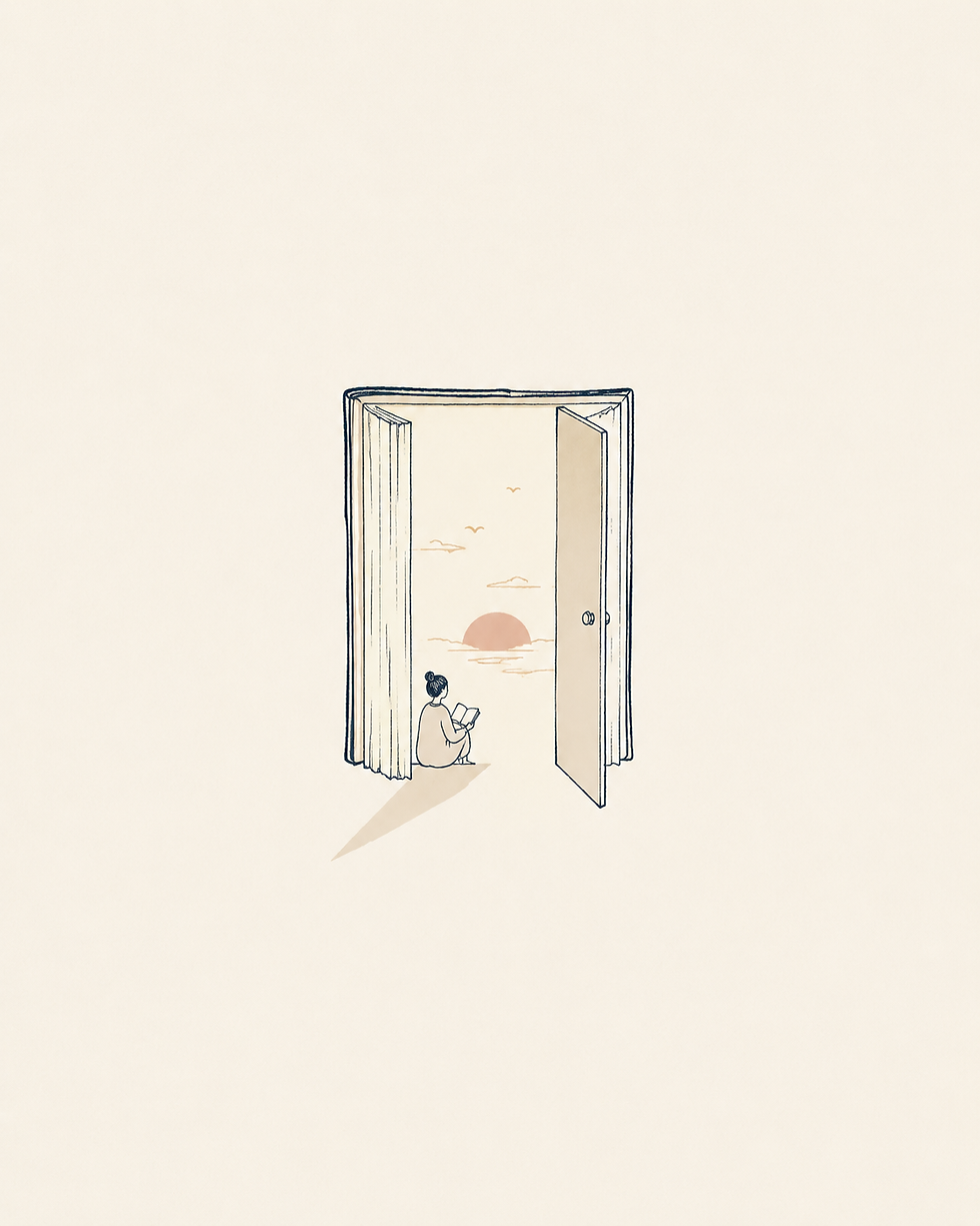 A small figure sits reading beside an open book shaped like a doorway, with soft morning light and a muted sunrise beyond it.