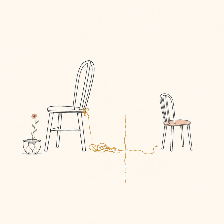 Minimalist line illustration of two chairs facing away from each other, separated by a thin boundary line, with a tangled thread and a cracked bowl holding a small flower, symbolizing emotional distance and a complex parent-child relationship.