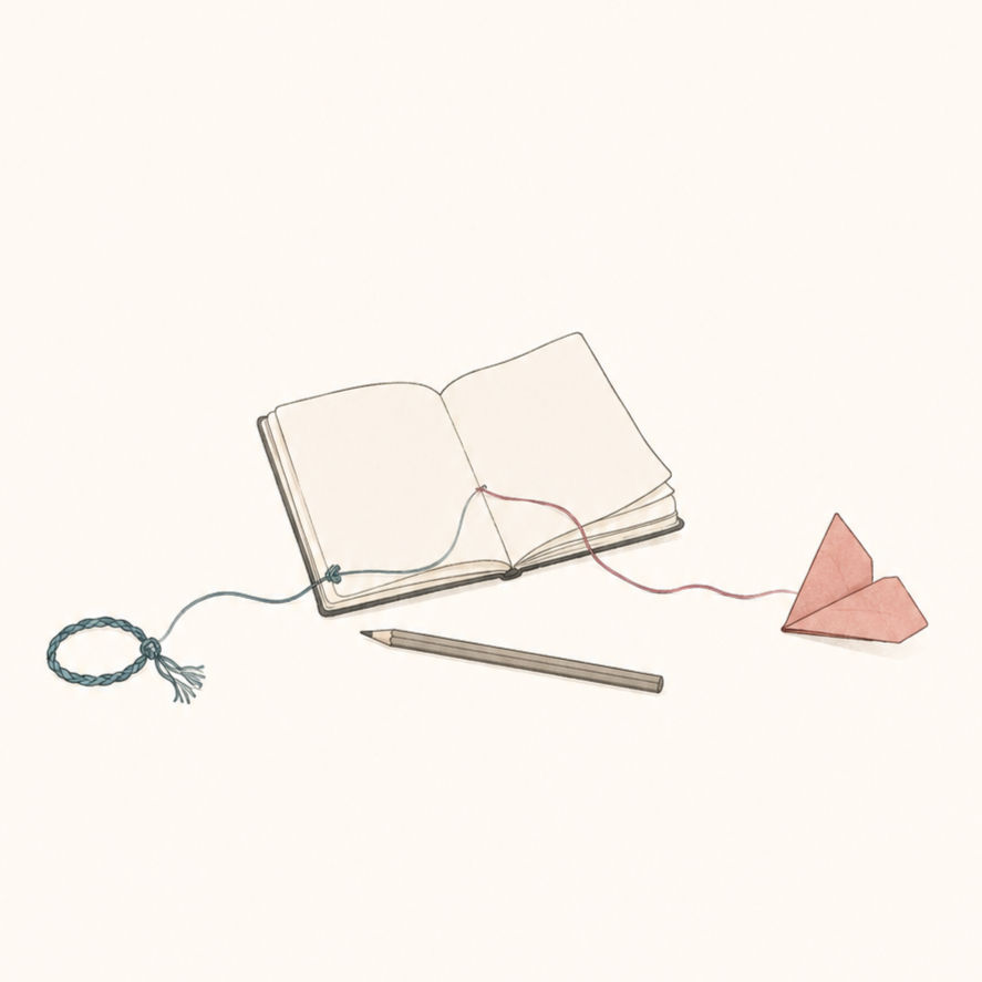 Open notebook with a friendship bracelet and folded paper heart, symbolizing teenage friendship, early love, and possibility.
