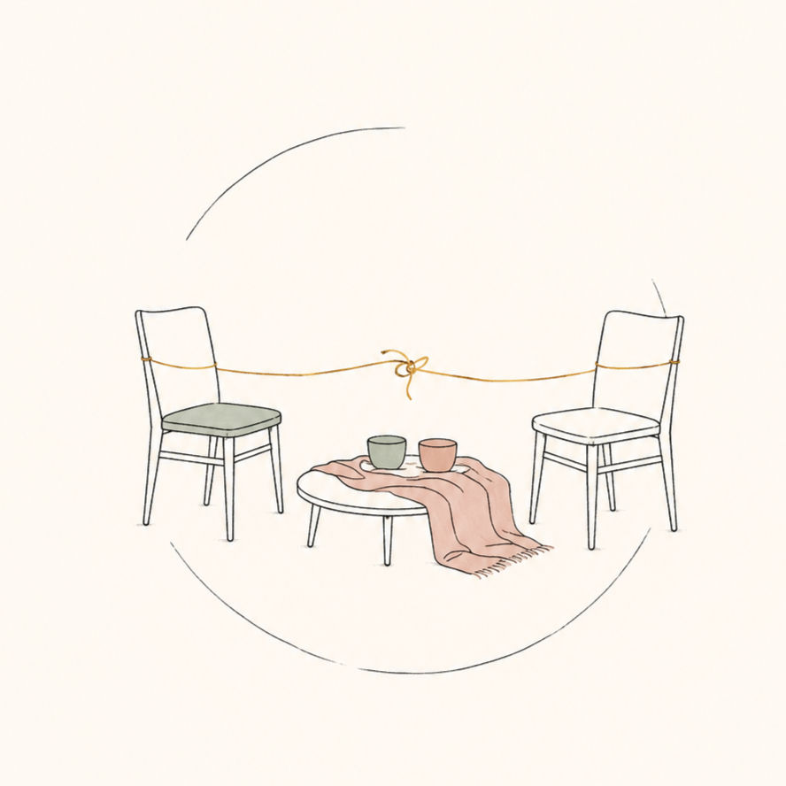 Minimalist line illustration of two chairs connected by a loose thread with a small knot, beside a table with two cups and a folded blanket, symbolizing secure attachment, emotional disconnection, and reconnection.