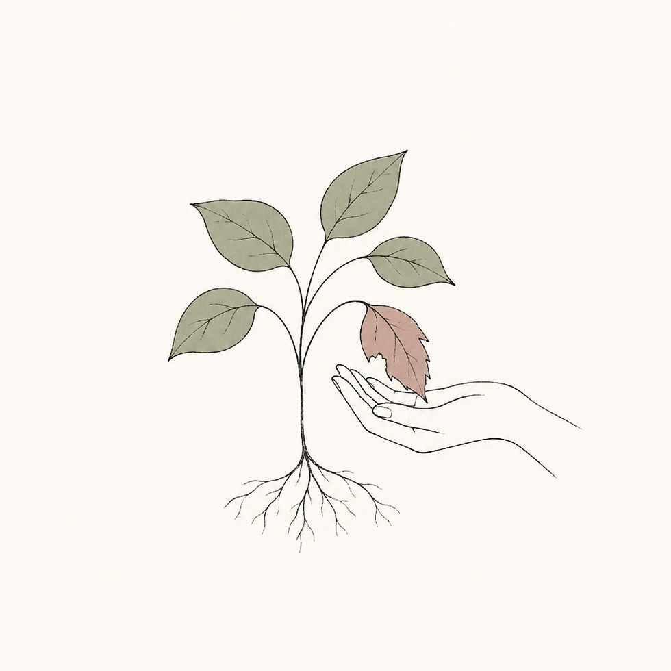 Minimalist line drawing of a small plant with connected roots, where a hand gently supports one torn, drooping leaf, symbolizing care, pain, and healing within a connected family system.