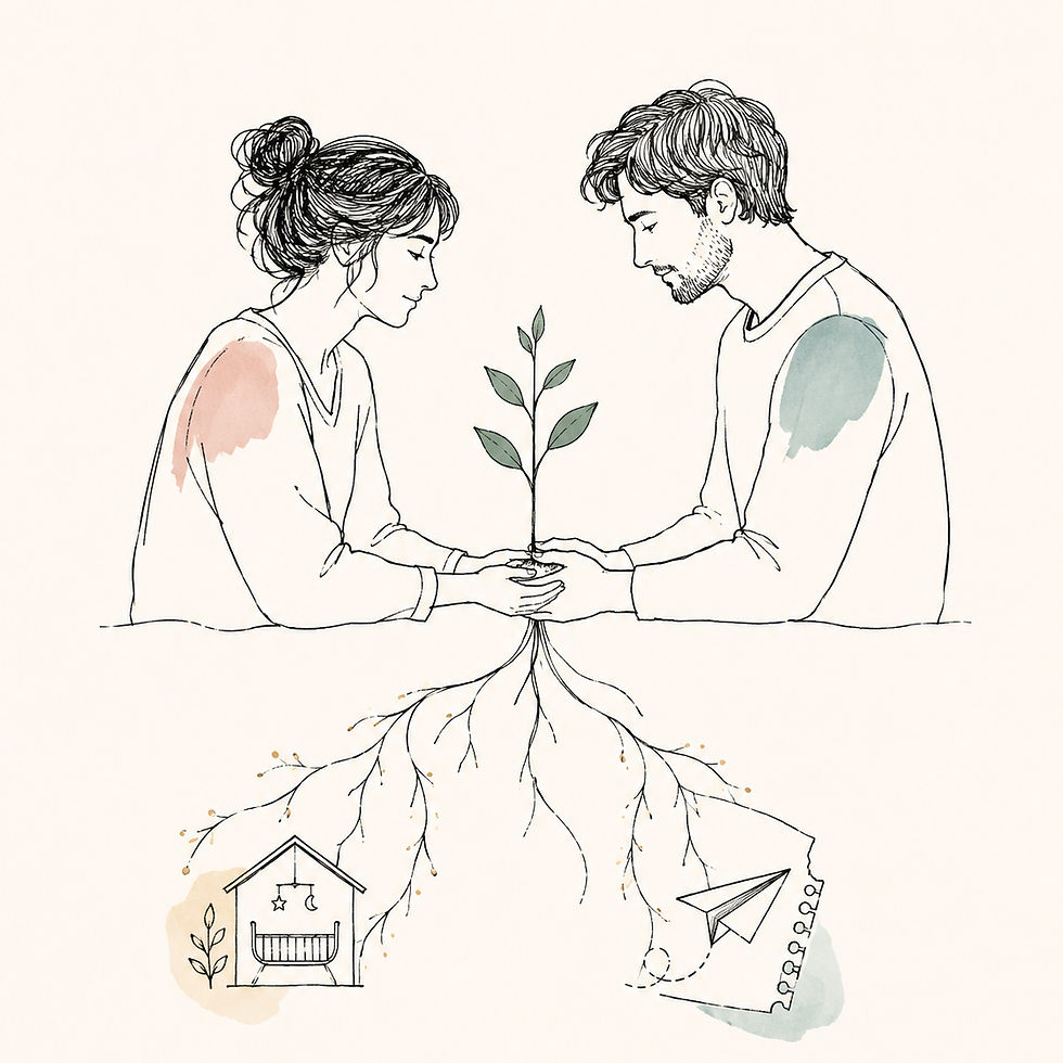 Minimalist line illustration of a couple gently holding a small growing plant together, with roots extending toward symbols of childhood and adolescence, suggesting how early experiences shape adult relationships.
