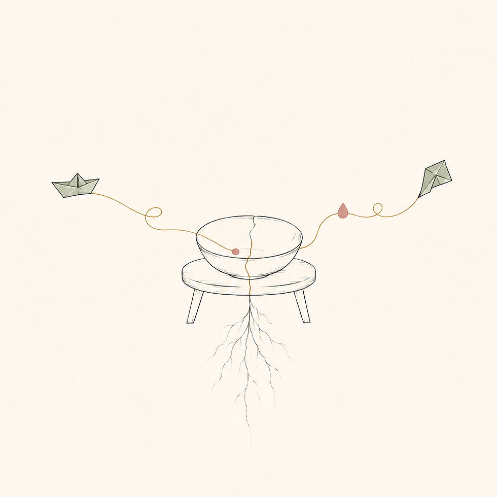 Minimalist line illustration of a cracked bowl on a small table, with two thread paths, paper shapes, emotion drops, and roots beneath, symbolizing the relationship between thoughts, emotions, and deeper emotional wounds.