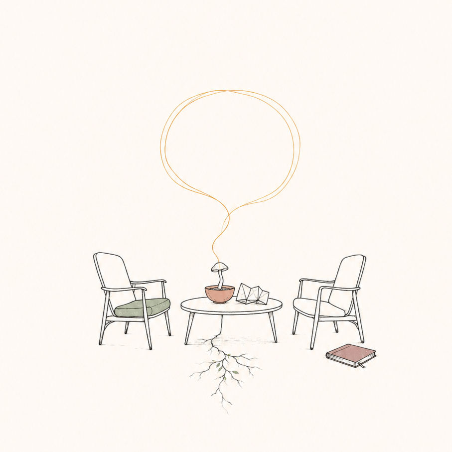 Minimalist line illustration of two therapy chairs facing a small table with a bowl, abstract mushroom form, folded map, roots, and a rising circular thread, symbolizing psychedelic-assisted therapy, trauma processing, and expanded perspective.