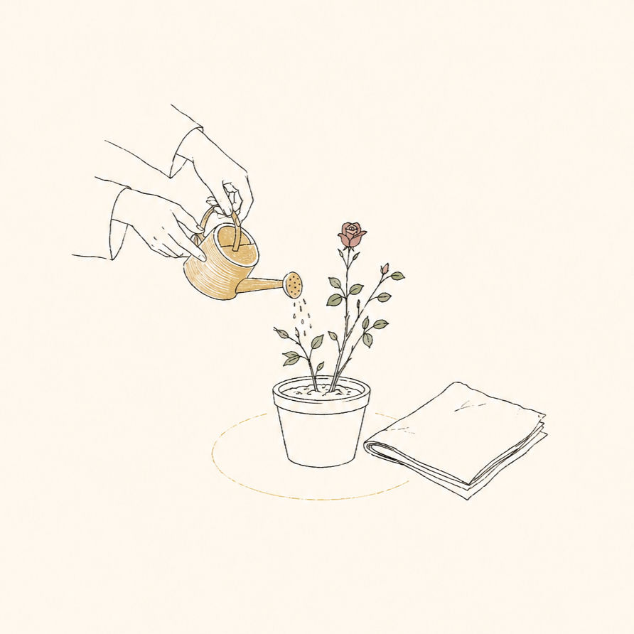 Minimalist line illustration of hands watering a small potted rose bush, with a folded paper beside it, symbolizing self-care, routine, and social awareness.
