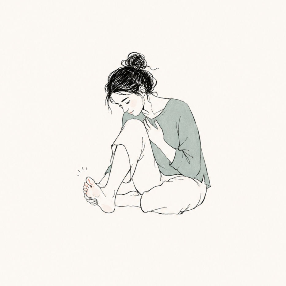 A minimalist line drawing of a woman gently examining her foot, symbolizing awareness of hidden emotional pain.