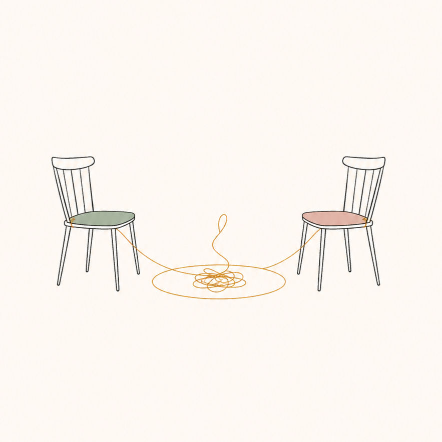 Minimalist line illustration of two chairs facing each other, connected by a thin looped thread with a small tangle in the center, symbolizing relationship patterns and mutual influence.