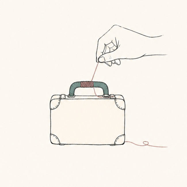 Minimalist illustration of a hand mending a suitcase handle, representing apology, accountability, and relationship repair.