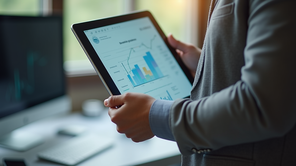 Close-up view of a consultant presenting a strategic growth plan on a digital tablet