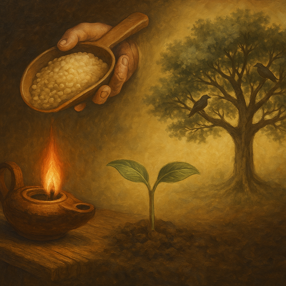 Traditional oil painting depicting four parable symbols together: a burning lamp, a hand holding a measure, a small seedling sprouting from soil, and a large mustard tree with birds nesting in its branches, representing Mark 4:21–34.
