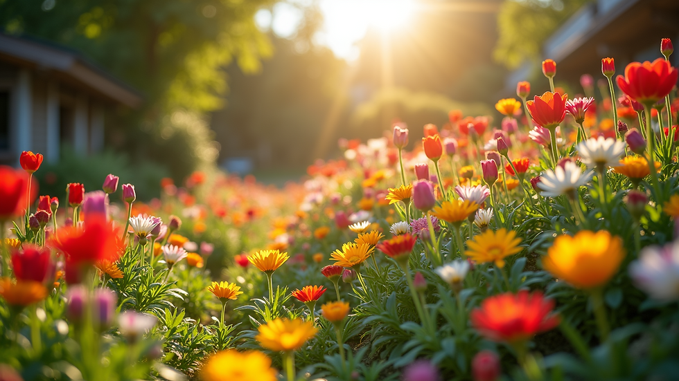 Wide angle view of a colorful garden flourishing in sunlight