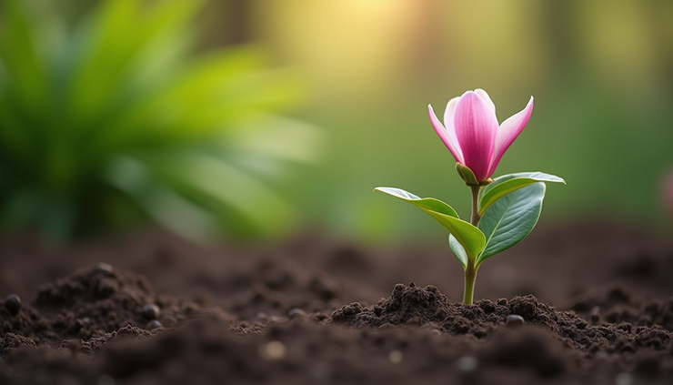 Eye-level view of a young magnolia sapling in a garden bed ready for transplanting